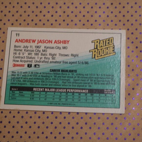 Andy Ashby #11 Baseball Card - Picture 2 of 2